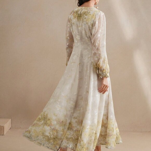 Multicolor Elegant Women's V-Neck Floral Print Sleeve Cottagecore Dress - Picture 2 of 8